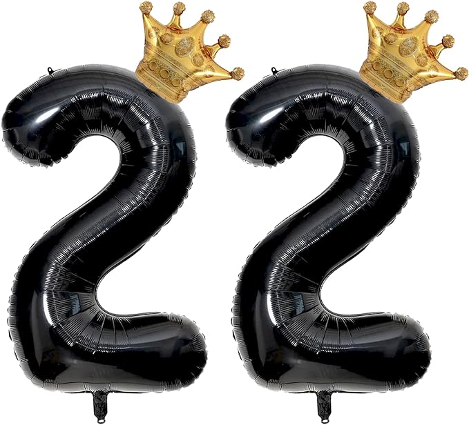40 inch Large Black 22 Balloon Number with Gold Crown Balloons 22th Birthday Big Foil Mylar Helium Balloon for Boys Girls 22th Birthday Anniversary Decorations Supplies Favors(Number 22 Balloons）