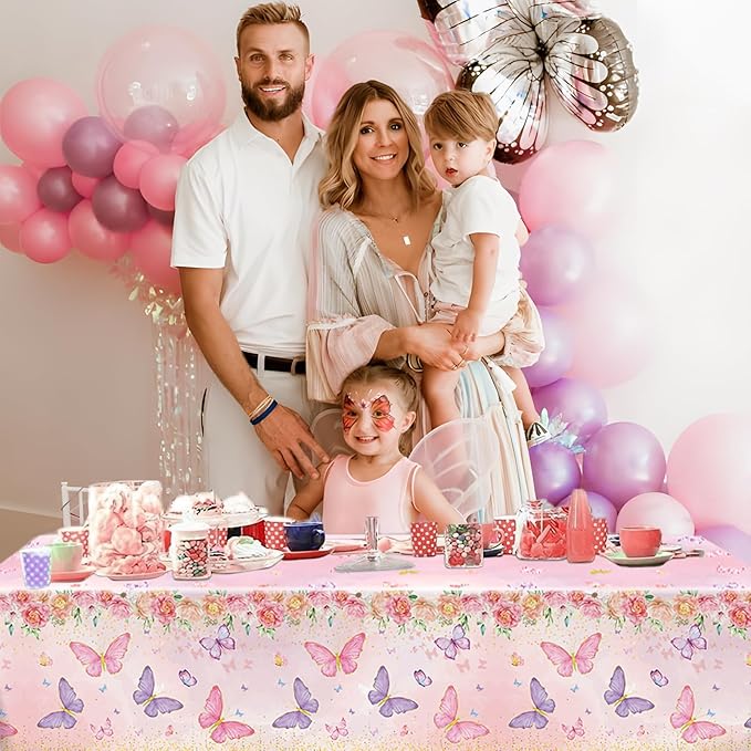 Staraise 3PCS Butterfly Tablecloth,Butterfly Disposable Plastic Table Covers,Watercolor Spring Themed Butterflies Birthday Decorations for Girls Kids Birthday Party,51.2X 86.6inch