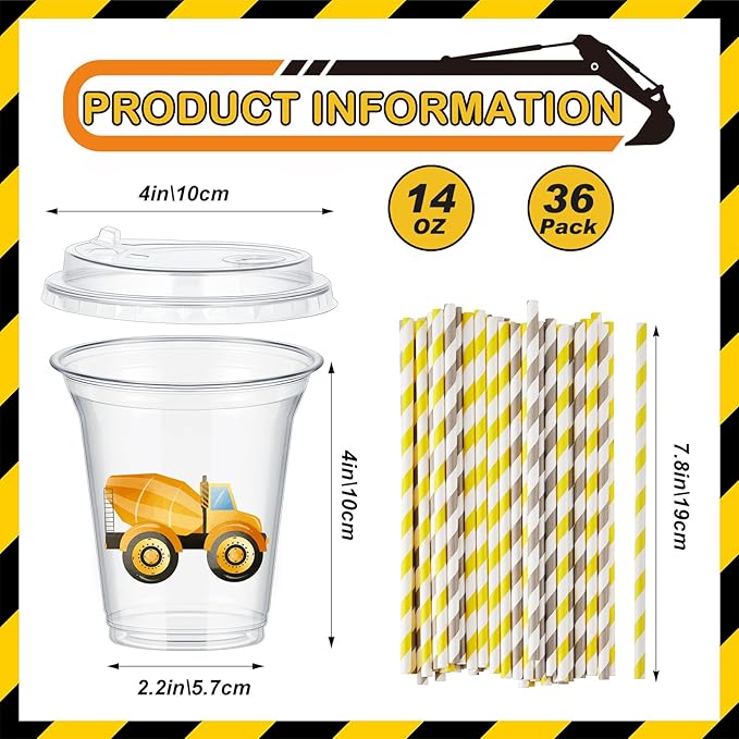 Boao 36 Sets Watercolor Construction Party Cups with Lids and Paper Straws 14 oz Disposable Clear Plastic Cups Bulk for Construction Birthday Party Favor Supplies Decorations