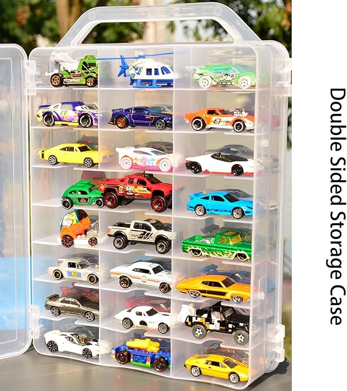 Portable Transparent Double Sided Storage Case - 48 Compartments for Toy Cars, Matchbox Cars, 1:64 Scale Model Cars, with Handle (Case Only)