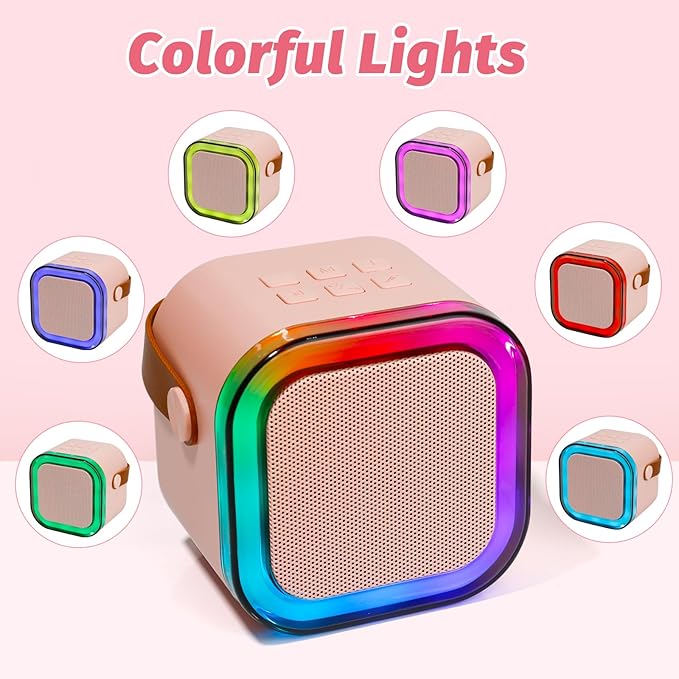 Mini Karaoke Speaker with 2 Wireless Microphones,Voice Effects,Led Lights, Portable Singing Machine for Ages 3,4,5,6,7,8,9,10,11,12+ Years Old Girl Birthday Gift, Kids Karaoke Machine (Pink)