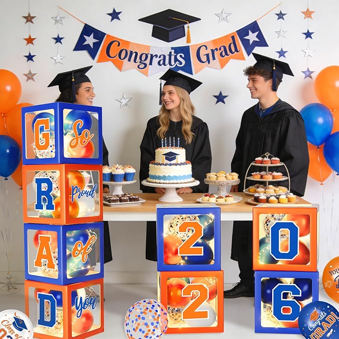 Graduation Decorations Class of 2026 - Orange and Blue Graduation Decorations - Balloons Boxes with Letters 2026 GRAD So Proud of You, Congrats Grad Party Decorations for Any Grades