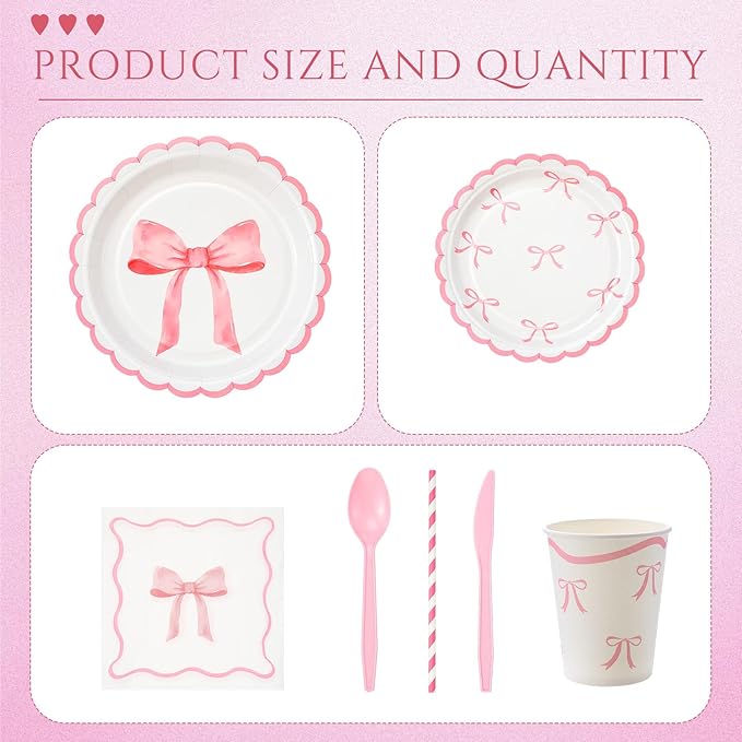 192 Pcs Pink Bow Party Supplies Severs 24 Guests Coquette Birthday Decorations Includes Plates Cups Napkins Tableware Sets for Girl Bachelorette Bridal Engagement