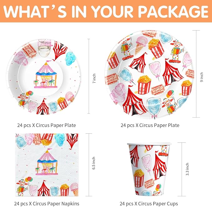 Circus Theme Party Decorations Tableware, Carnival Party Supplies, Plate, Cup, Napkin, Tablecloth, Cutlery, Straw, Circus Carnival Theme Party Decorations For Birthday Baby Shower | Serve 24