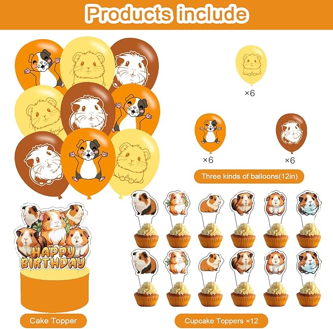 Guinea Pig Party Decorations,Hamster Birthday Party Supplies For Guinea Pig Party Supplies Includes Banner - Cake Topper - 12 Cupcake Toppers - 18 Balloons