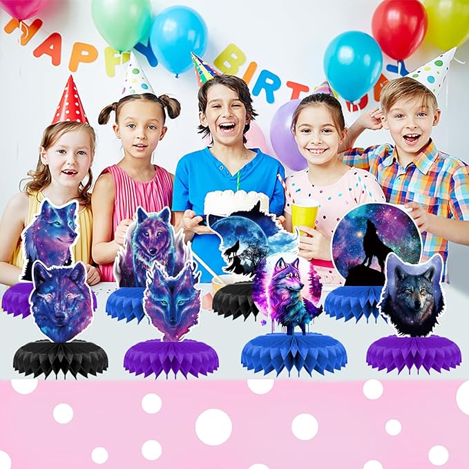 8 Pcs Galaxy Wolf Birthday Party Decoration, Starry Sky Wolf Theme Honeycomb Centerpieces 3D Double Sided Table Decorations, Animal Wolf Photo Booth Props for Kids Boys Girls Party Supplies