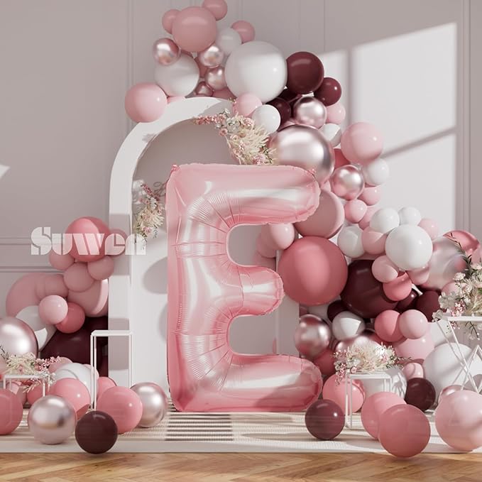 SUWEN 40 Inch Pink Large E Letter Balloons Big Foil Helium Letter Balloons A-Z Jumbo Mylar Happy Birthday Party Decorations for Girl Anniversary Party Supplies