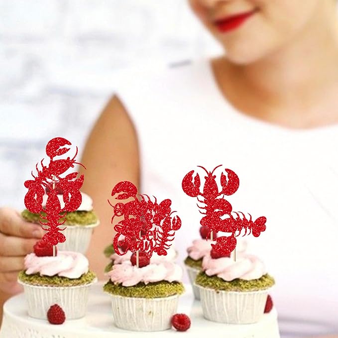 24 Pack Crawfish Cupcake Toppers Red Glitter Lobster Cupcake Picks Let's Get Cray Bachelorette Sea Animal Theme Baby Shower Kids Birthday Party Cake Decorations Supplies Red