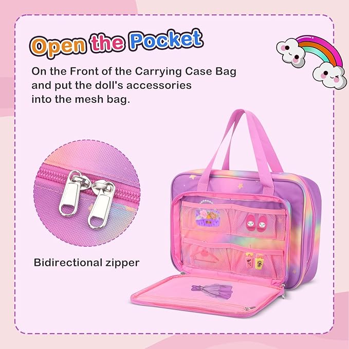 Doll Carrying Case Accessory Organizer Storage, Case to Hold Dolls and Clothes, Much Pocket for Doll’s Clothes, Accessories, Fits 6 Dolls & Accessories, Secure Straps Protect Dolls - Rainbow