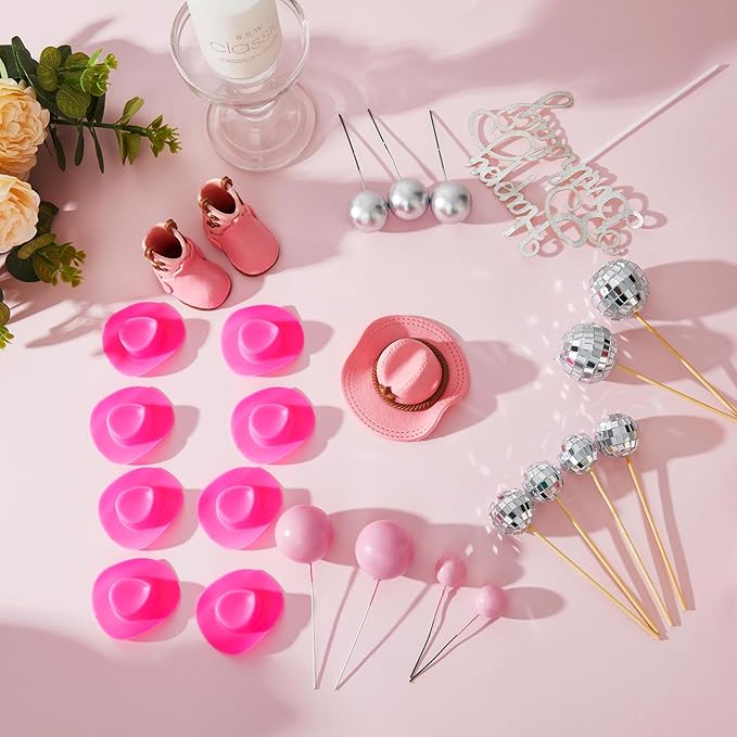 26 Pcs Cowgirl Cake Decorations Cowgirl Cake Topper Disco Decorations Hat Topper Western Cowboy Birthday Baby Shower for Western Theme Party Supplies(Pink,Cute)