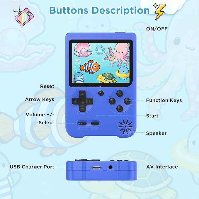 Handheld Games for Kids, Preloaded 500 Retro Classic Video Games, Portable Arcade Retro Game Console with 3'' IPS Screen and Rechargeable Battery, Mini Travel Game System,Gifts for Boys Girls (Blue)