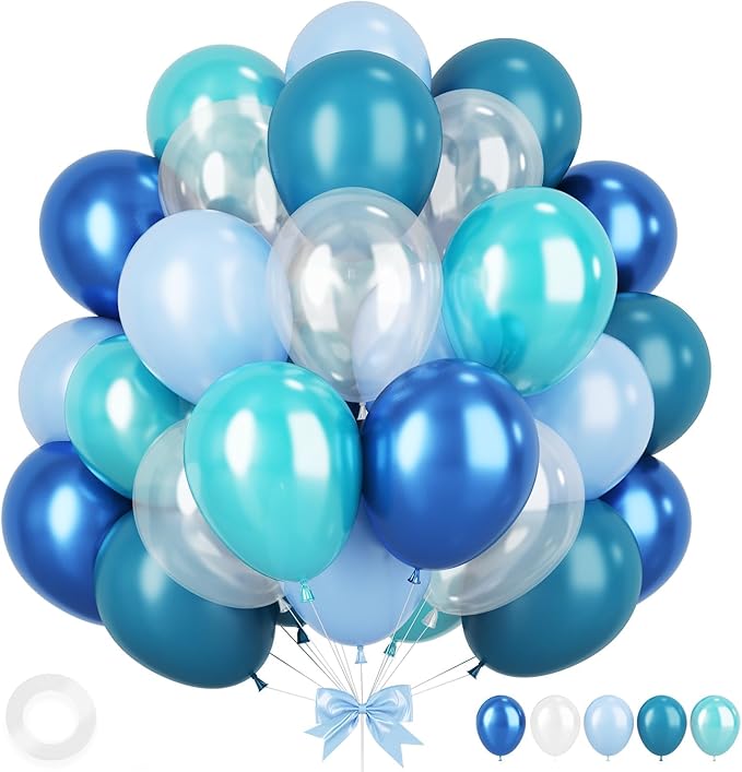 Ocean Themed Party Balloons, 12 Inches Turquoise Teal Blue Clear Metallic Balloons for Ocean Shark Sea Themed Pool Party Baby Shower Birthday Beach Decorations