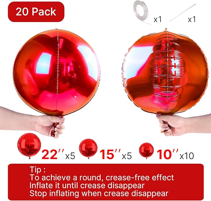 PartyWoo Red Foil Balloons 20pcs Different Sizes Pack of 22 15 10 Inch Large Round Foil 4D Inflatable Mirror Ball Mylar Balloons for Graduation Birthday Anniversary Casino Party Decorations