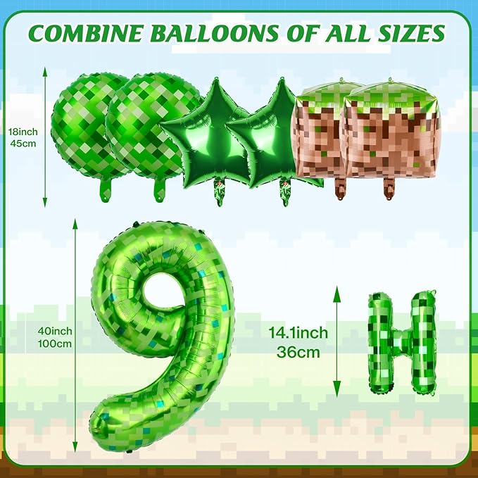 Green Pixel Themed Happy Birthday Banner Party Decorations Set Including 40 Inch Number 9 Foil Balloons, Themed Party Essentials, TNT Pixel Backdrop Supplies for Boys Indoor Outdoor Celebration