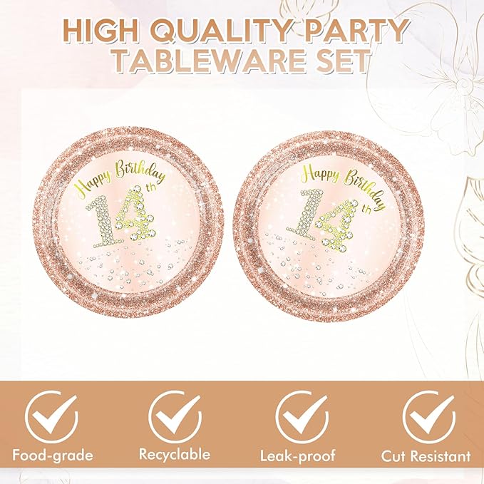 40Pcs 14th Birthday Decorations for Girls Rose Gold 14th Birthday Party Plates and Napkins Happy 14 Years Party Theme Tableware,Disposable 7'' Paper Plates,Napkins for Her,Girls Teen Party Supplies