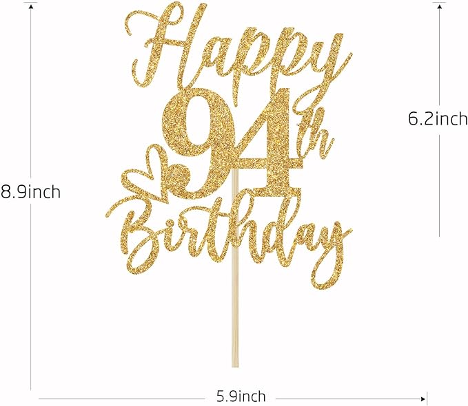 Happy 94th Birthday Cake Topper, 94th Birthday Decorations for Men/Women, Cheers to 94 Years, 94 Fabulous, 94th Happy Birthday Party Supplies Gold Glitter