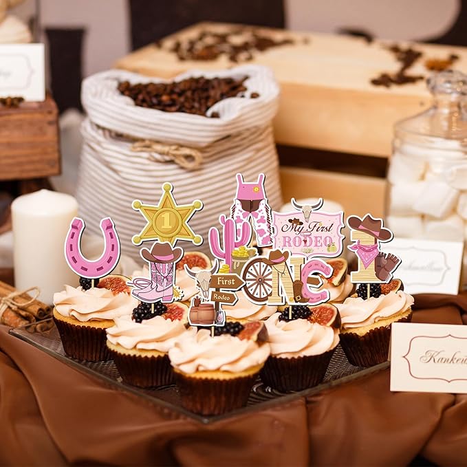 My First Rodeo Decorations Girls, 36PCS Western First Rodeo Cupcake Toppers Birthday Decor, Cowgirl 1st Birthday Party Decor Supplies