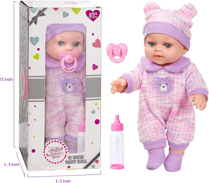 12'' Baby Doll with Bear Pattern Backpack in Gift Box,Including Clothes Accessories, Backpack, Baby Bottle, Pacifier, Hat, Socks, and Handkerchief for 3+ Child Girls Gifts