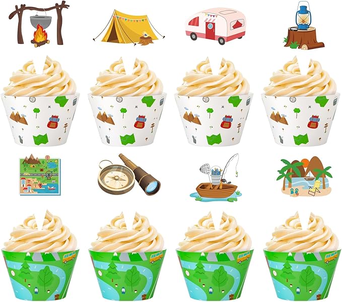 48 Pack Camping Cupcake Toppers and Wrappers, Woodland Adventure Party Cake Decoration for Camping Theme Birthday Party Baby Shower Supplies