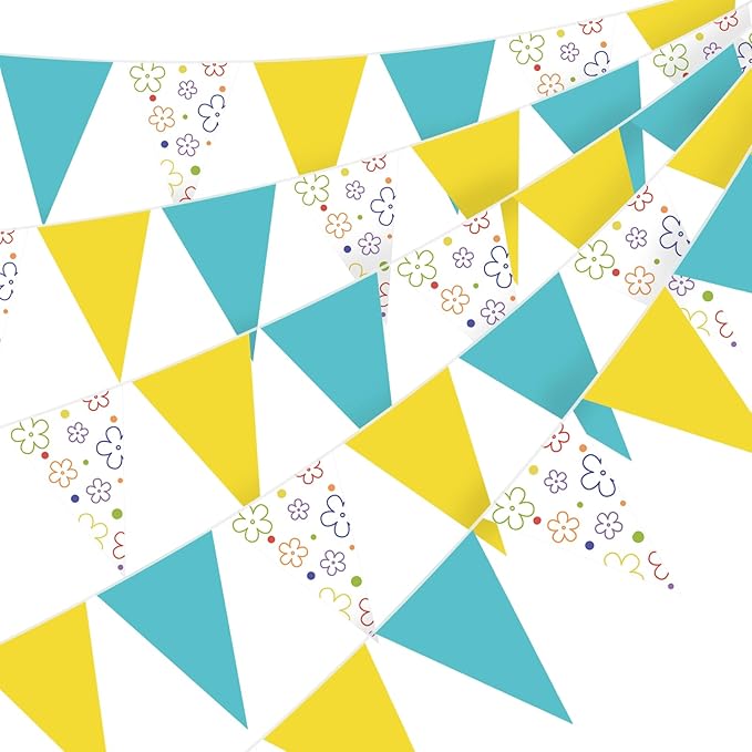 Jetec 5 Pack 49 ft Cartoon Sponge Theme Pennant Banner, Triangle Flags Bunting Garland, Birthday Party Decorations, Baby Shower Supplies, Outdoor Indoor Cartoon Theme Banner Sponge Decor
