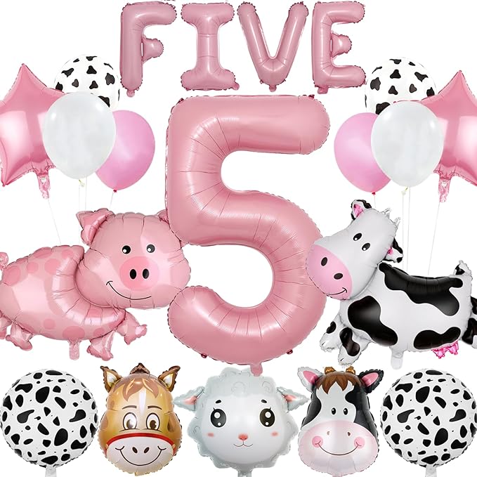 20 PCS Farm Animal Theme Party Balloons, Farm Cow Print Sheep Pig Donkey Mylar Foil Balloons Baby Shower Boy Girl 5th Birthday Party Decor Supplies (5th)