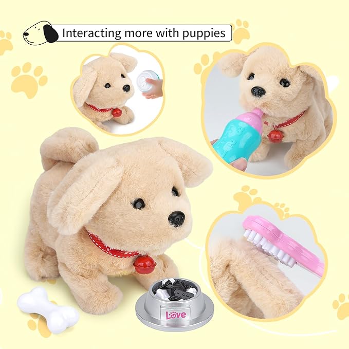 Electric Interactive Dog Plush Golden Retriever Toy Puppy Plush Pet Dog-Walking,Barking,Tail Wagging Interactive Companion Animal Toys School Prize Birthday for Kids Toddler Boys Girls