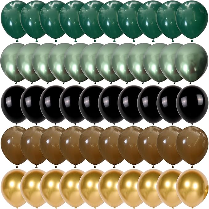 Green and Brown Balloon, 60Pcs 12Inch Dark Green Black Metallic Gold Latex Balloon, Metallic Avocado Tan Chrome Gold Balloons for Camo Camping Game Army Jungle Safari Theme Birthday Party Decor
