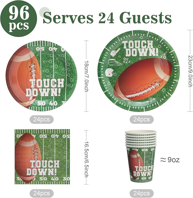 96Pcs Football Paper Plates and Napkins and Cups - Football Sport Party Supplies Kids Birthday Party Decorations Celebratory Banquet Touch Down, Serves 24