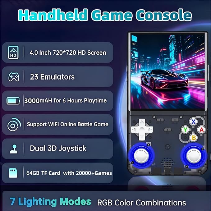 R36 Ultra Retro Handheld Game Console, 4.0-Inch 720x720 IPS HD Display, Preloaded 20000+ Games, Linux Open Source WiFi, Dual Joystick Portable Travel Gift for Kids & Adults (Black)