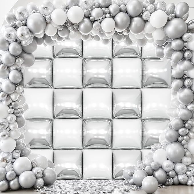 Silver White Square Foil Balloon Wall,25Pcs Double Sided Foil Balloons Backdrop Helium Tunnel Arch Garland Kit for Birthday Bridal Anniversary Baby Shower Winter Party Decorations