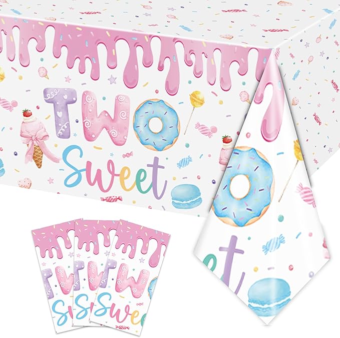 3 Pack Two Sweet Donut Birthday Party Tablecloths Decorations Girls for Children 2nd Birthday Supplies Table Decor 54 x 108 Inch