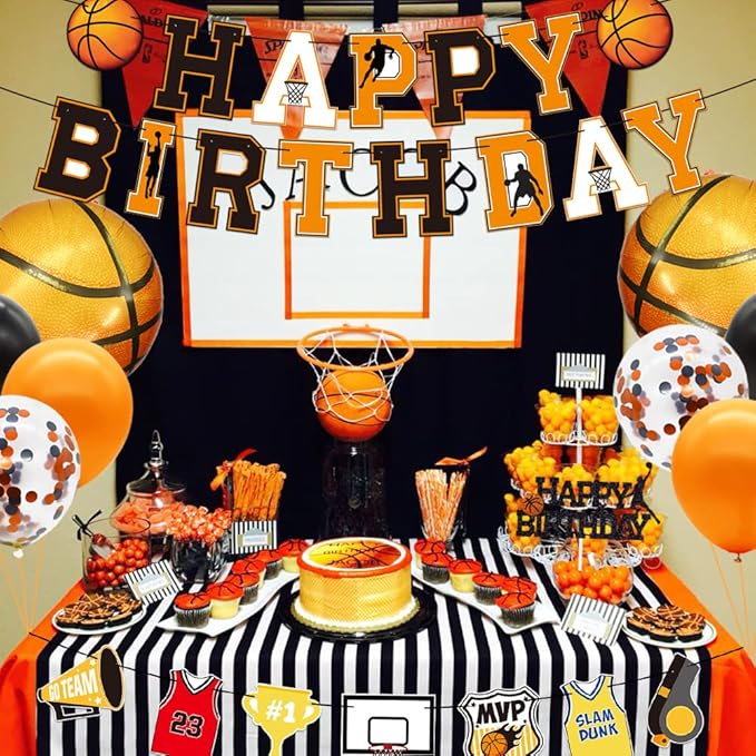 Basketball Birthday Decorations Include Pre-Strung Happy Birthday Banners, NO DIY Cake Topper, Balloons, Slam Dunk Sports Game Day Themed B-Day Party Supplies for Kids Teenagers Boys Men Women