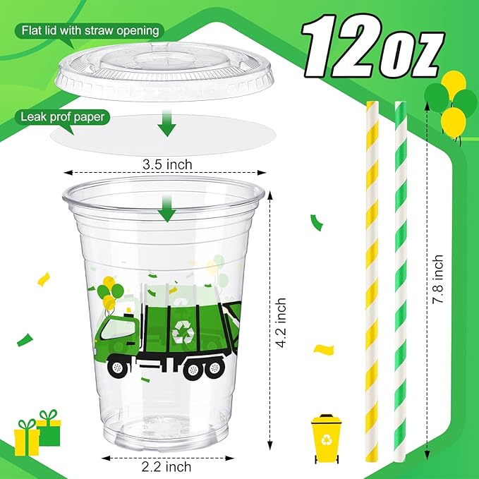 Domensi 50 Pcs Garbage Truck Birthday Party Plastic Cup 12 oz Garbage Car Thick Clear Cup Truck Mugs Trash Car Birthday Table Decorations Party Favor car Design