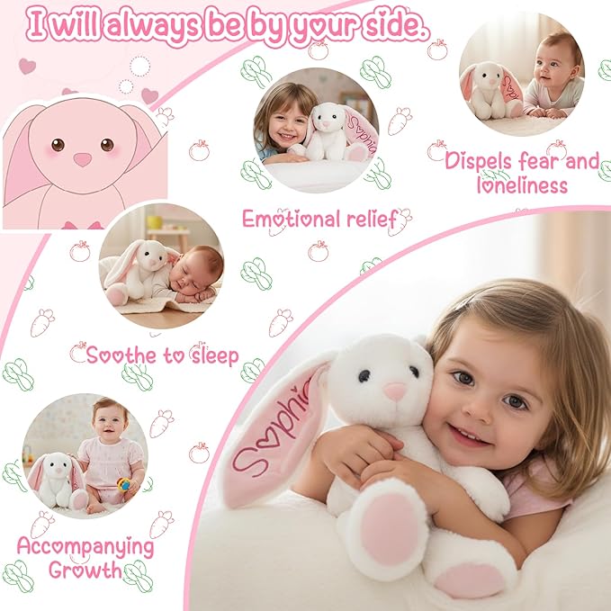 Personalized Bunny Stuffed Animals,Baby Easter Basket Stuffers,Custom Plush Bunny with Embroidered Child’s Name, Baby Girl Boy Gift, Handmade Children Easter First Birthday Plushie Gifts