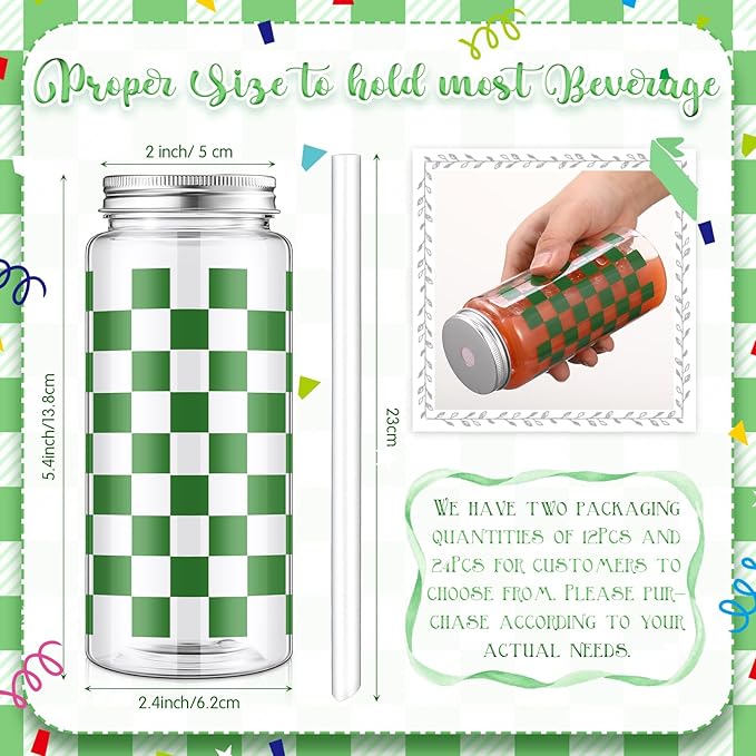 Patelai 24 Pack Sage Green Gingham Cups 13.5 oz Clear Green Checkered Plastic Cups with Lid and Straw Reusable Plastic Plaid Tumbler for Baby Shower Wedding Birthday Bachelor Party Supplies