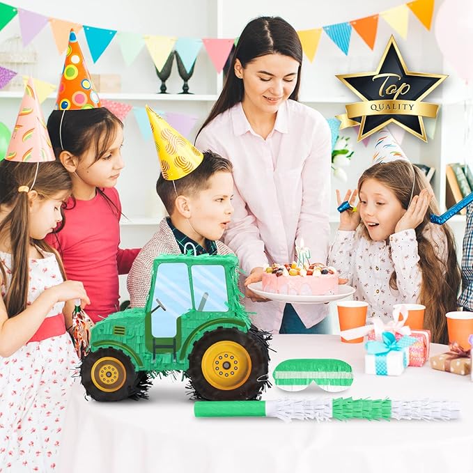 Tractor Pinata Bundle with a Blindfold and Bat(15.8 x 6.7 x 12 Inches), Kids Excavator Pinata for Construction Birthday Parties, Boys Birthday Party Supplies