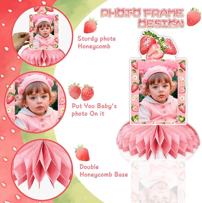Strawberry Birthday Decorations, Strawberry Sweet One Party Decorations Honeycomb Centerpiece for Table, Strawberry Baby Birthday Decorations Girl Photo Table Centerpiece Party Supplies