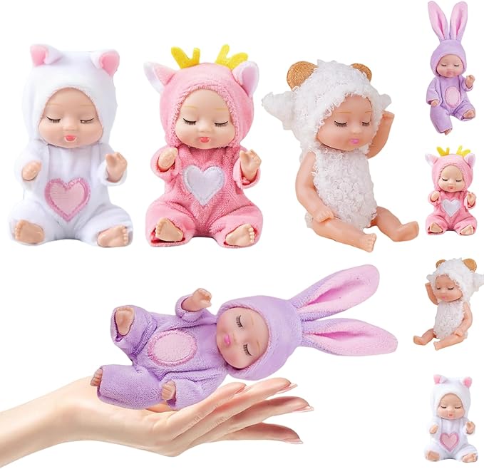 4 Pcs Mini Baby Dolls Set 4 Inch Small Baby Dolls with Animal Clothes for Pretend Play Birthday Gift, Collection(Dolls F)