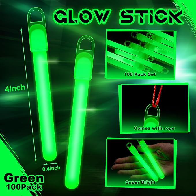 Lewtemi 100 Pack 4" or 6" Bright Glow Sticks Bulk, Glow in the Dark Party Supplies Birthday and Holidays (4 Inch,Green)