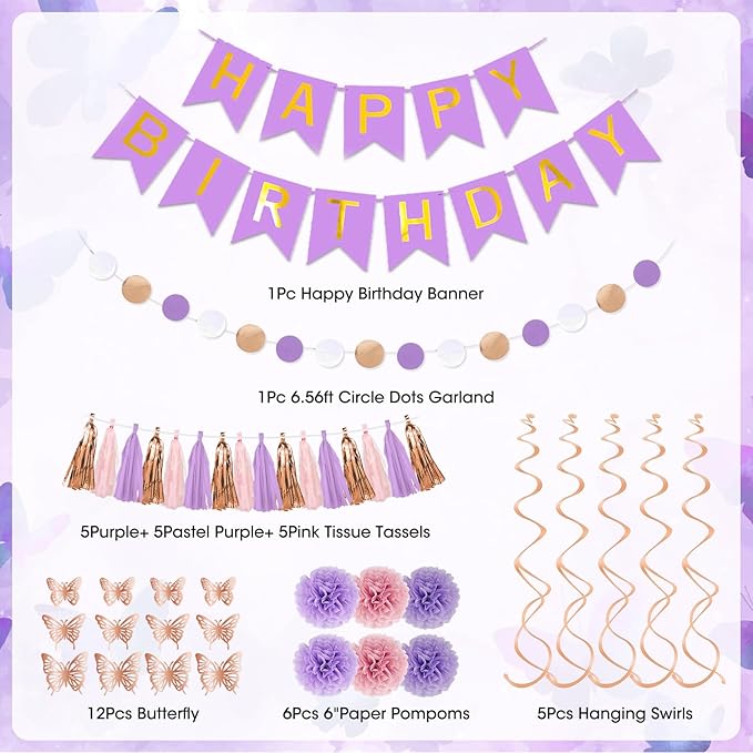 Purple Pink Birthday Party Decorations, Butterfly Confetti Rose Gold Lavender Balloons Happy Birthday Banner Fringe Curtains Hanging Swirls Circle Dots Tassels Pompoms for Women Girls Party Supplies