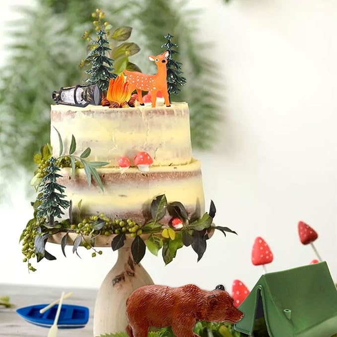 Camping Party Cupcake Toppers Tree Bear Tent Cupcake Picks Happy Camping Cake Decorations for Camping Party Supplies