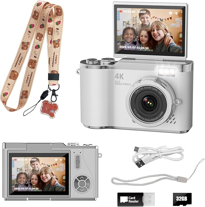 Kids Camera,4K Digital Camera for Photography,48MP 1080P HD Video Selfie Camera,with 180° Flip Screen Flash,with 32GB SD Card,for Starter Kid Children Teen Student Girl Boy(White)