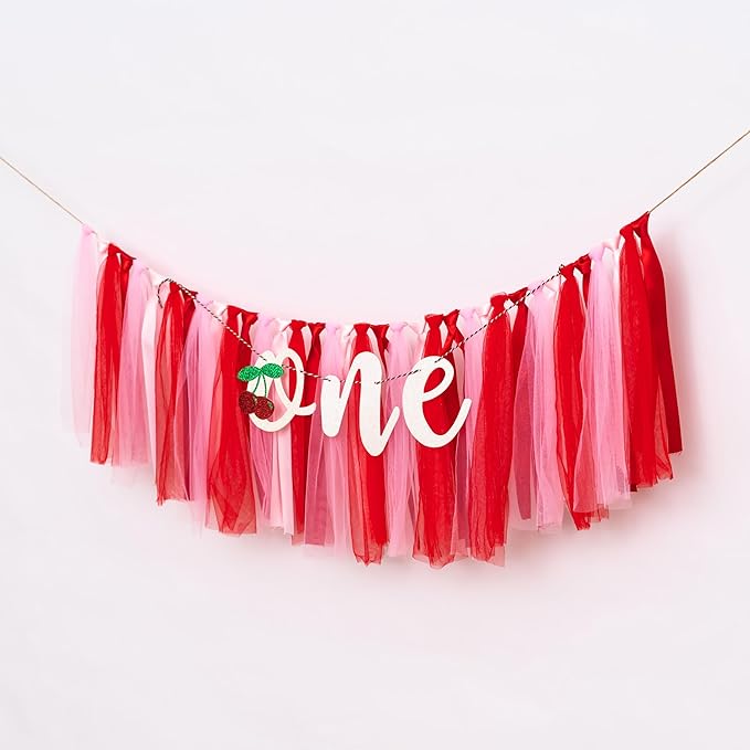Cherry One High Chair Banner - Cherry Themed First Birthday Party Banner Garland, Sweet Girl Birthday Party Decoration Supplies Garland, Anniversary Photo Shoot Background Props Banner