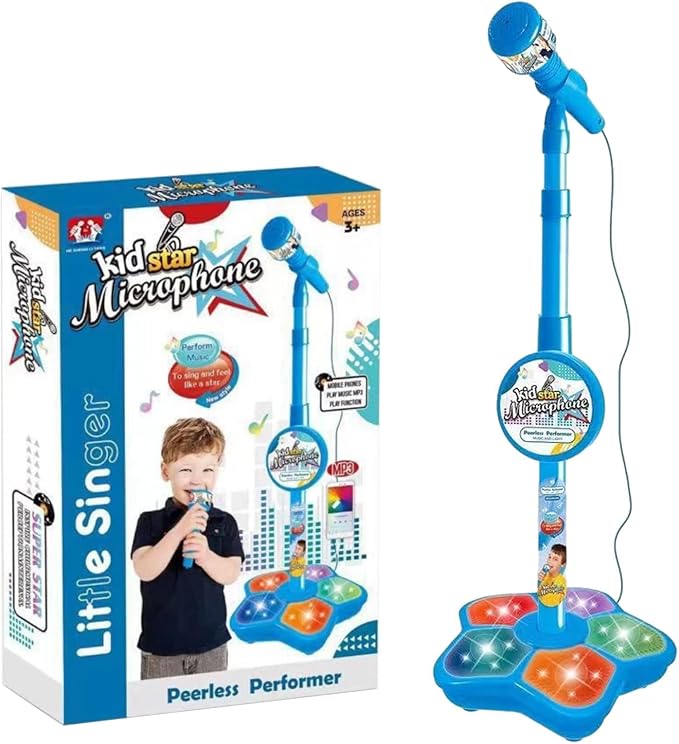Kids Microphone with Stand, Karaoke Machine with Built-in Music & Echo Effects, Toddler Microphone with Colorful Lights for Girls & Boys, Portable Singing Toy (Blue)