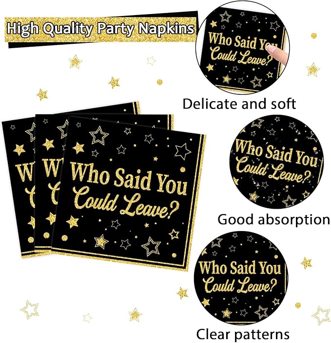 96Pcs Who Said You Could Leave Paper Plates and Napkins for Farewell Party Decor Retirement Disposable Plate Black and Gold Leaving Tableware Set for Goodbye Going Away Birthday Gatherings Decorations