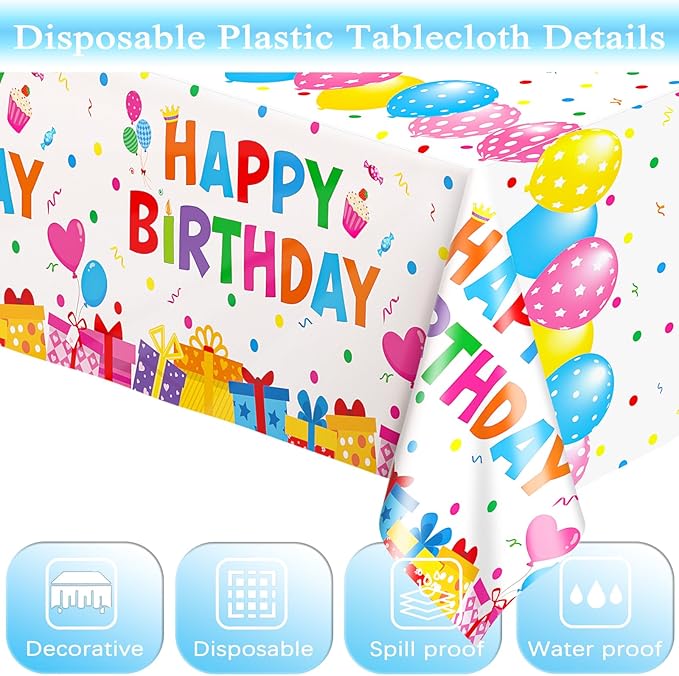WNINK 3 Pack Happy Birthday Plastic Tablecloths, 54×108 Inch Disposable Waterproof Birthday Party Table Covers, Colorful Polka Dot Rectangle Tablecloths for Kids Boys Girls Birthday Decorations