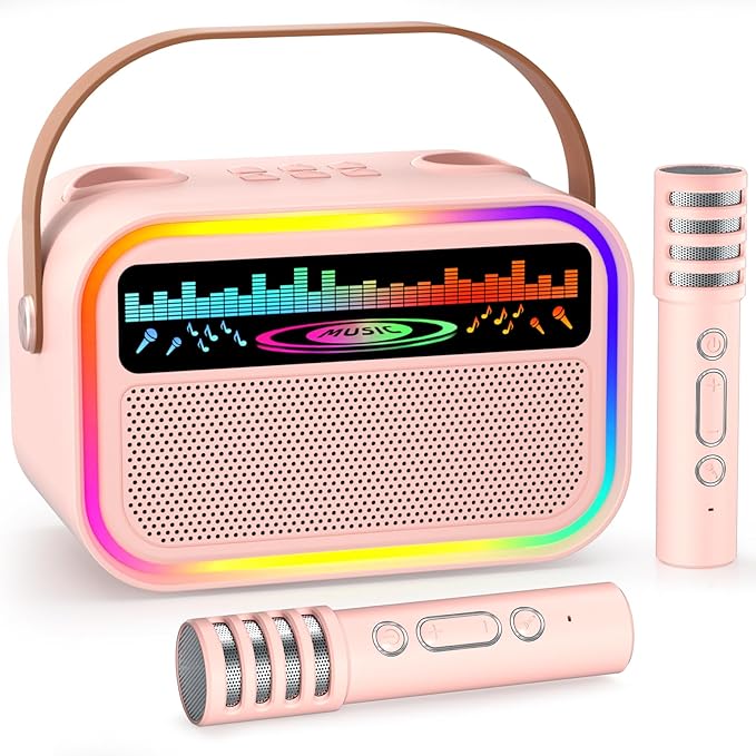 Mini Karaoke Machine Toys for Kids Girls, Tnvee Portable Bluetooth Speaker with 2 Wireless Microphones, Funny Birthday Gifts for Girls Ages 3, 4, 5, 6, 7, 8, 9,10,11,12+ Years Old Toddler - Pink