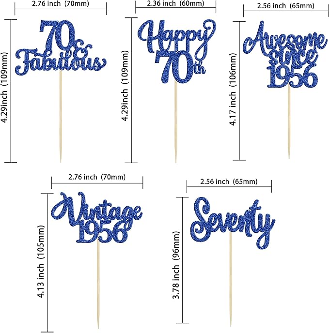 Ephlyn 30Pcs Happy 70th Birthday Cupcake Toppers Glitter Seventy Vintage 1956 Cupcake Picks Cheers to 70 Fabulous Cake Decorations for 70th Birthday Wedding Anniversary Party Supplies Dark Blue