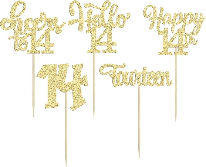 30Pcs 14th Birthday Cupcake Toppers Hello 14 Cupcake Picks Fourteen Cheers to 14 Years Old Cake Decorations for 14th Birthday Anniversary Party Supplies Gold Glitter