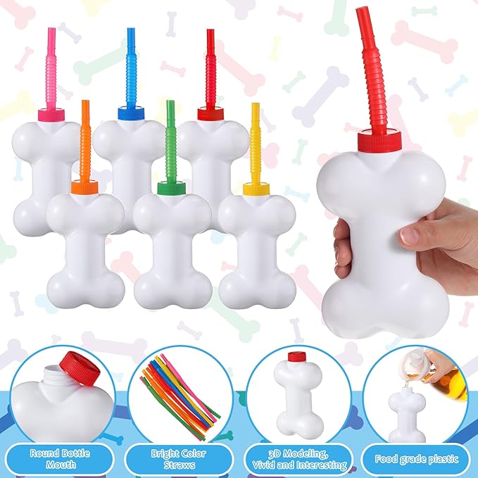 Eaasty 24 Pcs Dog Bone Cups with Straws and Lids 10oz Plastic Reusable Dog Bone Shaped Puppy Cups Set for Kids Birthday Party Gifts